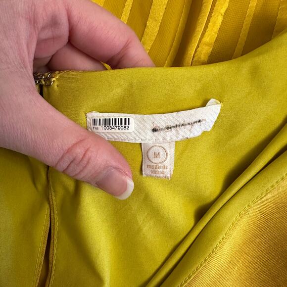 Chartreuse Pleated Wrap Dress Long Sleeve Asym Hem Midi Yellow Women - Picture 2 of 11